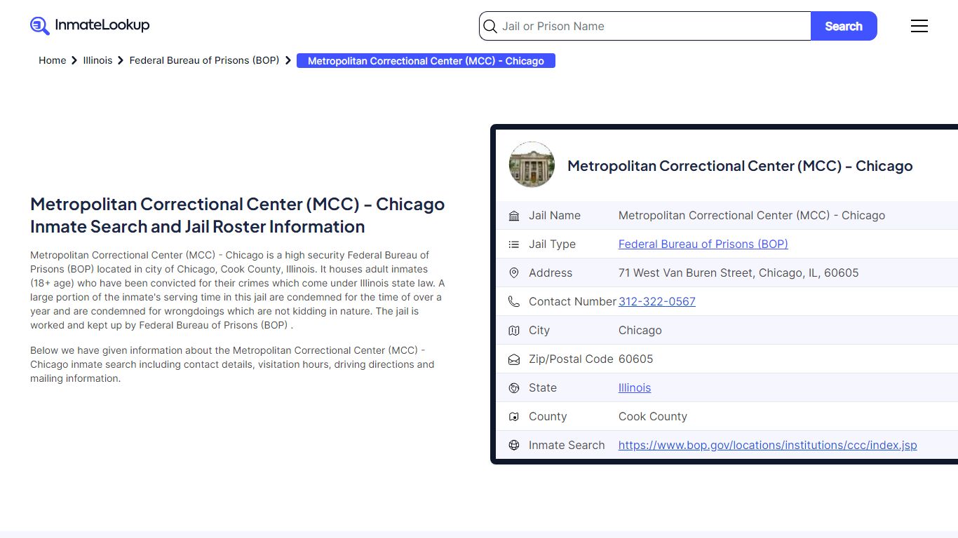 Metropolitan Correctional Center (MCC) - Chicago Inmate Search, Jail ...